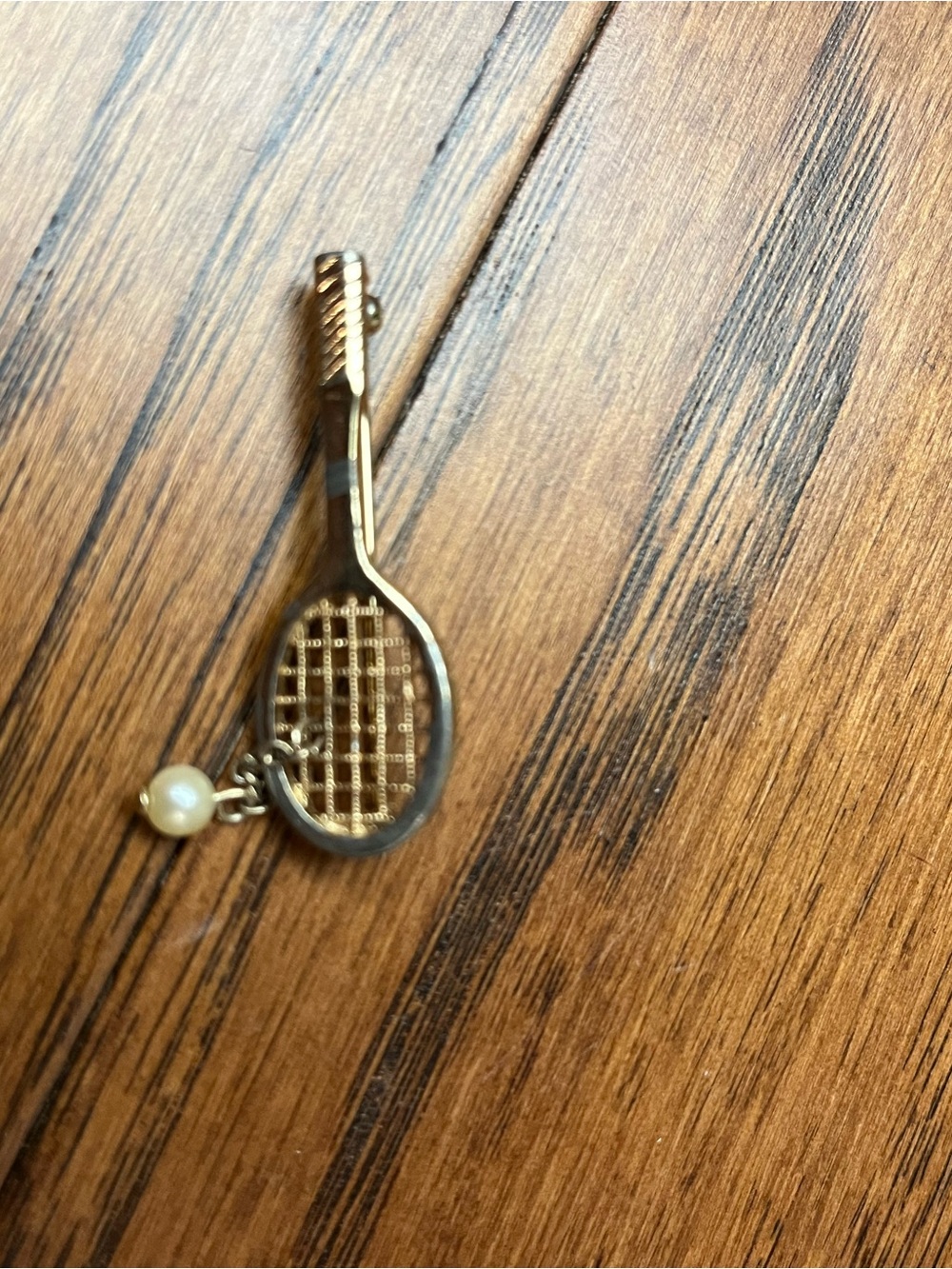 Vintage AVON Gold Tennis Racket Charm Brooch with Pearl Accent
